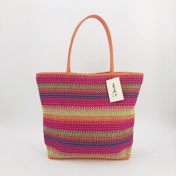 

new beach favorite european american style rainbow contrast color woven straw bag beach bag woman large-capacity shopping