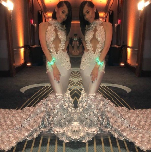 

elegant lace mermaid prom dresses 2019 sheer mesh lace applique beaded 3d flowers beaded sweep train formal party evening gowns bc1188, Black