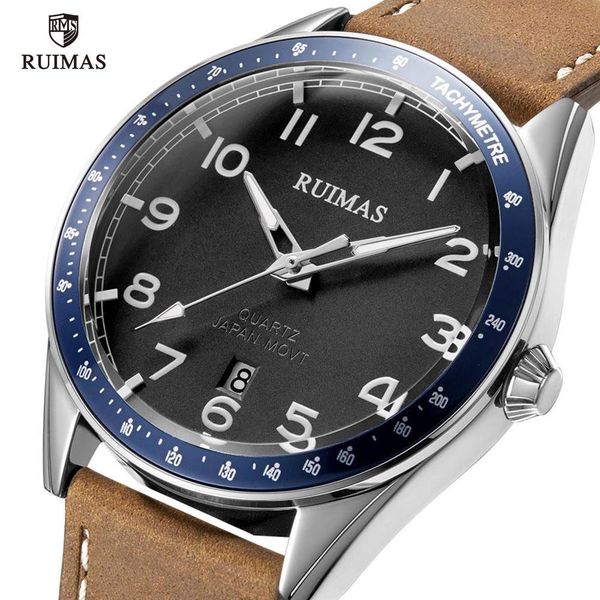

ruimas brown leather quartz watches luxury military sports watch man simple waterproof wristwatch relogios masculino clock 573, Slivery;brown