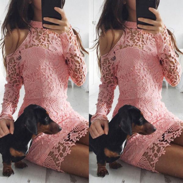 

sweet women summer pink lace long sleeve solid party evening short mini dress size s-xl, Black;gray