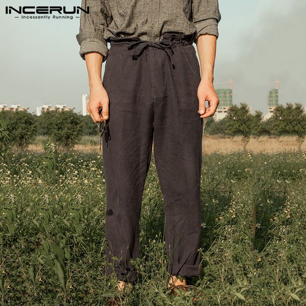 

incerun хлопок белье мужские брюки joggers vintage lace рассыпчатая уличная повседневные брюки сплошной цвет ретро брюки мужчины 2019 s-5xl, Black