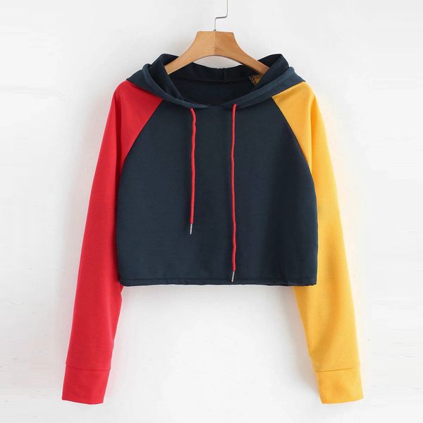 

feitong women sweatshirt hoodies long sleeve hooded patchwork color jumper harajuku pullovers block modis sweatshirt moletom, Black