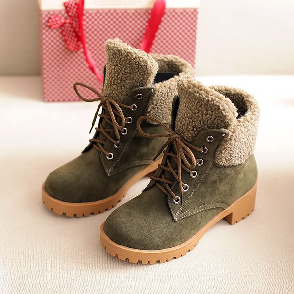 

england lady lace up winter warm short martin boots size 34-43 women's plush padded thich heel high heels ankle boots shoes, Black