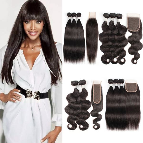 

Ki hair brazilian traight hair 3 bundle with 4x4 2x6 lace clo ure natural color body wave human hair bundle with clo ure, Black