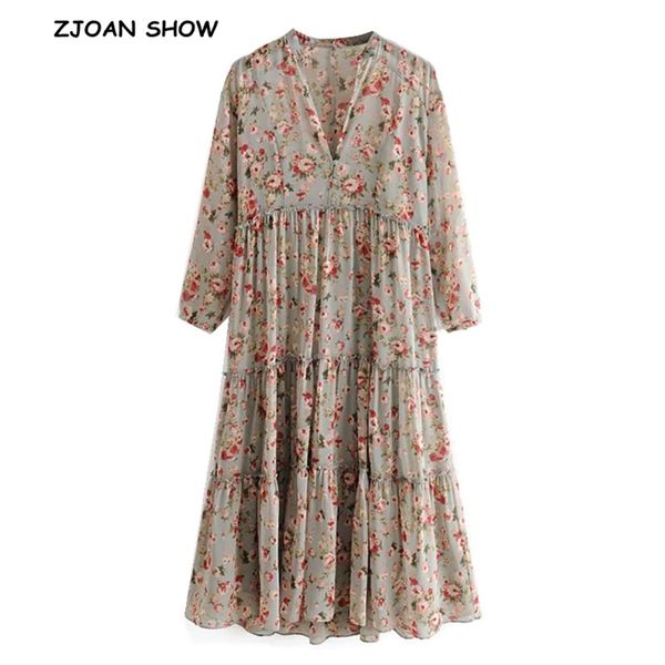 

2020 women button v neck flower print long sleeve dress splice wood ears ruffles floor length long dresses with lining vestido, Black;gray