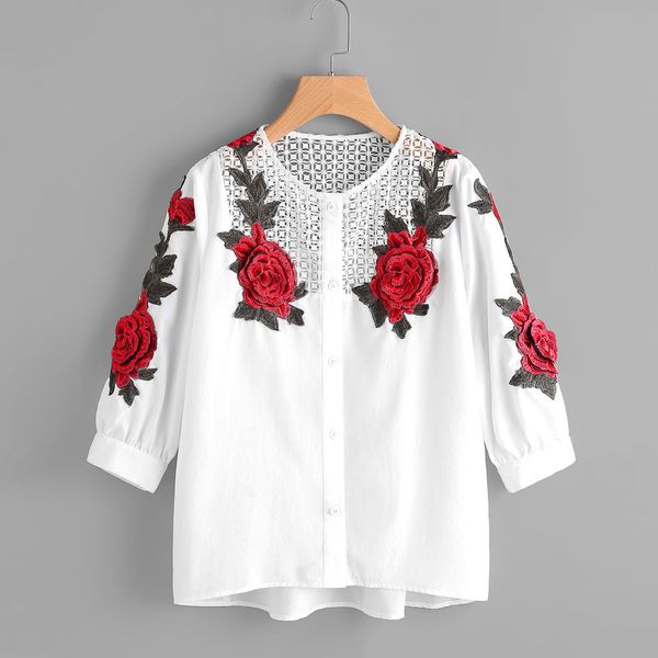 

2019 embroidered lace blouse women autumn hollow out white blouse shirts fashion lady long sleeve rose floral blusas female xew