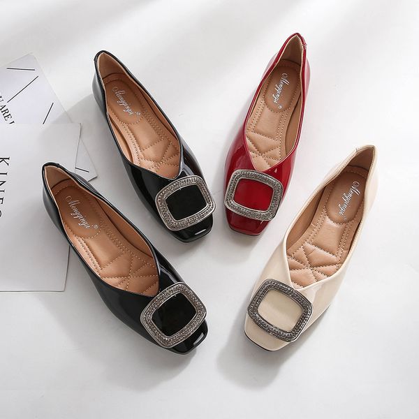 

ballet flats кожа женщины патентный плоские туфли квадратный носок мокасины пряжки металла скольжения на слайды большой размер zapatos mujer, Black