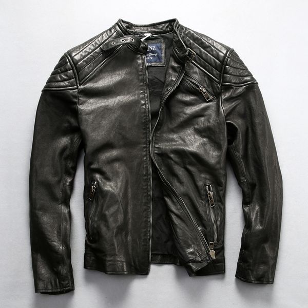 

men's leather & faux slim motorcycle genuine fashion men stand collar casual goat jacket male winter coat, Black