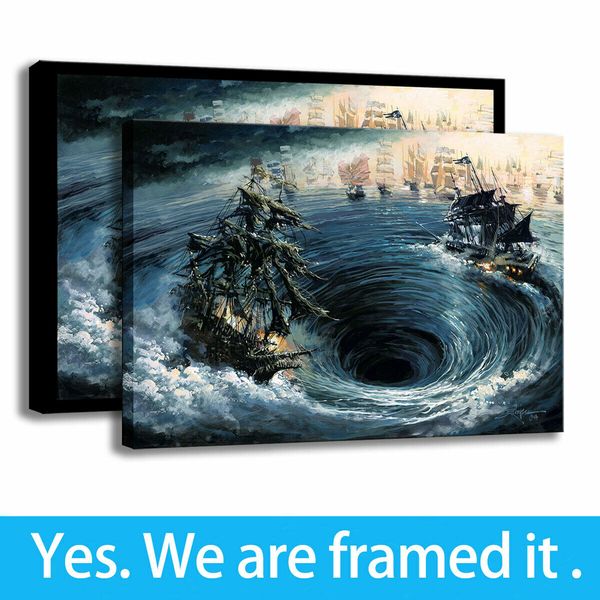 

canvas paintingart landscape boat print wall deco black pearl vs flying dutchman framed art - ready to hang - support customization