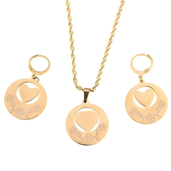

stainless steel trendy heart jewelry set for women girls flower pendant chain earrings jewelry set, Silver