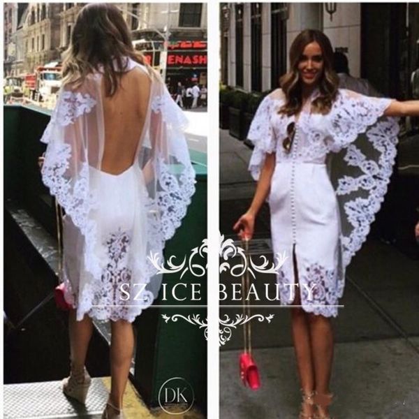 

2019 new backless little white wedding dresses with half sleeves lace appliques illusion neck bridal dress gown vestidos de novia