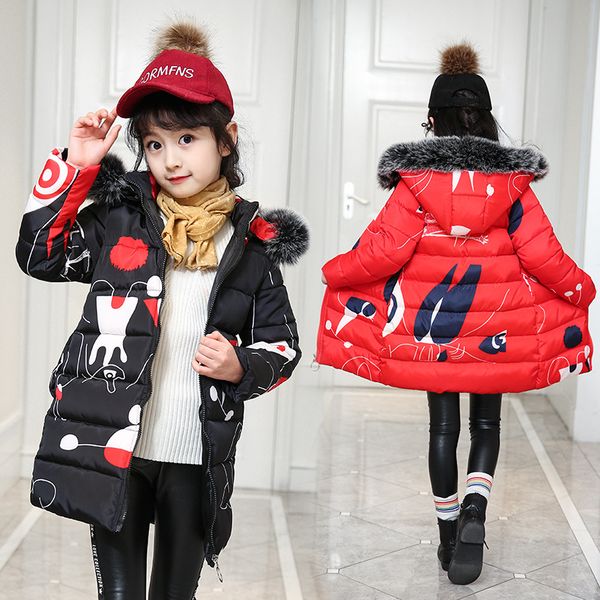 

girls cotton winter clothes thicken personality jacket cotton clothing hooded coat fashion long section fur collar black red, Blue;gray