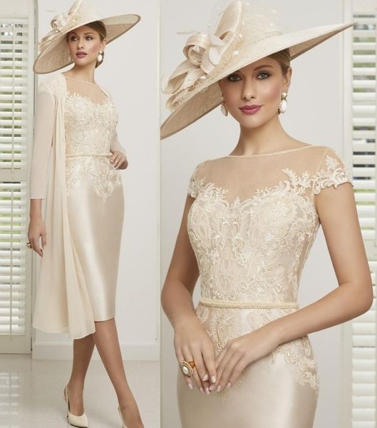 

champagne mother of the bride dresses neck appliqued beaded sash wedding guest gowns short sleeves knee length two piece mother gown, Black;red