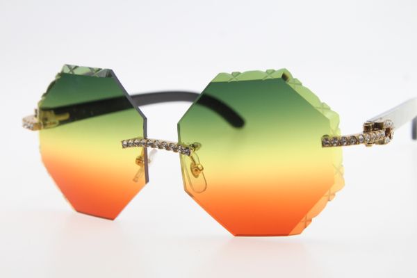 

4189706 rimless black mix white buffalo horn sunglasses stone glasses carved green lens fashion brand sunglasses man, White;black