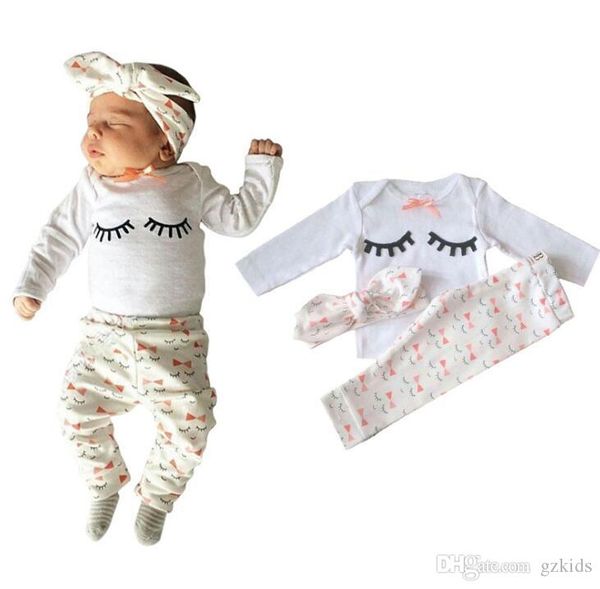 

toddler clothes baby girl set baby clothing eyelash long sleeve cotton + pants + headband three pieces girls outfits autumn girls suits, White