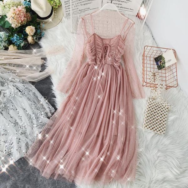 

2019 spring autumn new female solid color mesh dress women long sleeve two-piece sets sequined gauze medium length dresses