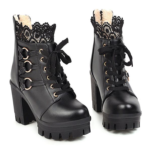 

lace leather high-heeled boot fashion winter women ankle boots party shoes plus size 35-43 lady elegant high square heels botas, Black