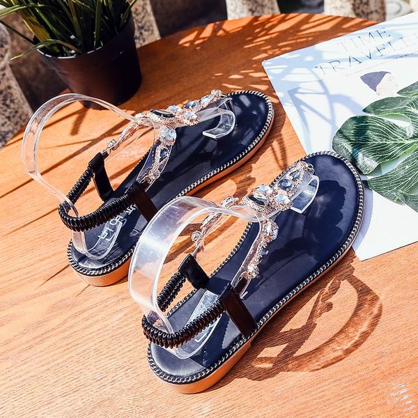 

womens flip flops flat sandals summer woman rhinestone low heels crystal chains thong gladiator slip on sandals, Black