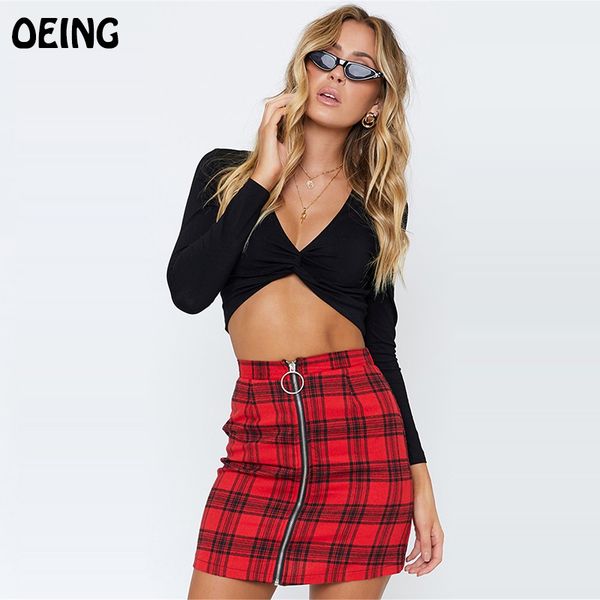 

oeing spring vintage red yellow plaid mini skirts female summer fashion party club short skirts high waist zipper split skirt, Black