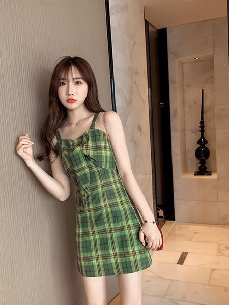 

summer 2020 new dress fresh sweet cute green plaid skirt slim strap dress womens, White;black