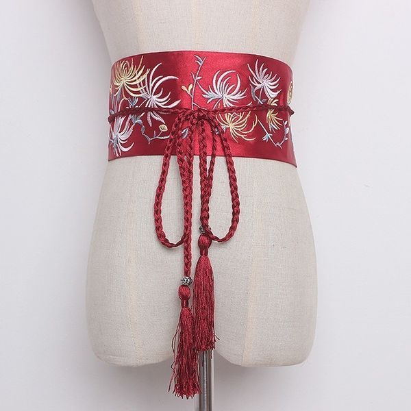 

eam] 2020 new spring autumn 6 color tassel embroidery flowers girdle vintage wide belt women fashion tide lace up wild la632, Black;brown