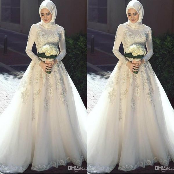 2020 muslimische Brautkleider mit Spitze und Hijab mit langen Ärmeln, Brautkleider in Übergröße, A-Linie, Brautkleid, Vestido de Novia