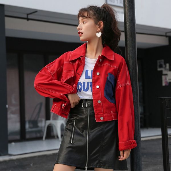 

парень стиль конфеты красный сплошной цвет джинсовая куртка старинные женщины нагрудные карманы однобортный драпированные пальто femme жан в, Black;brown