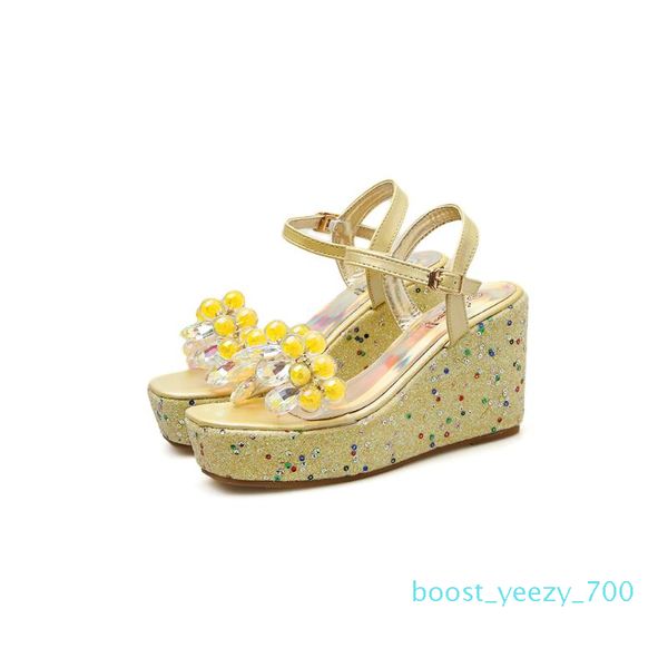 

2020 fashion women sandals flower decor open toe wedges high heels ankle buckle strap summer dress ladies sandals yellow/silver b70, Black