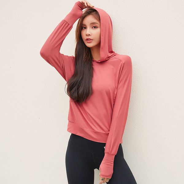 

yoga fitness gym hooded thumb hole sports long sleeve fitness gym running sportswear, White;red