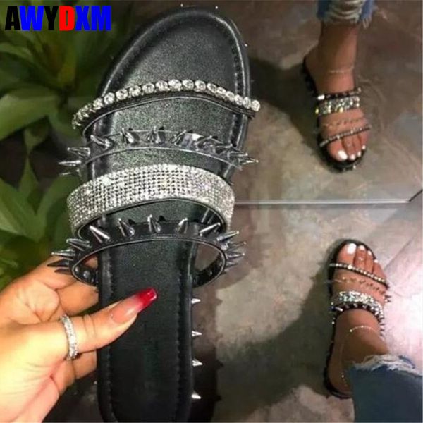 

rivet women's sandals 2020 summer peep toe women shoes crystal bling flats ladies casual beach slides female plus size a520, Black