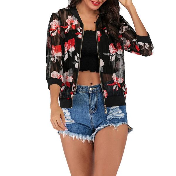 

women cover up flower print blouse 7-sleeve large size print lightweight sunscreen zip cardigan coat a504, Black;brown