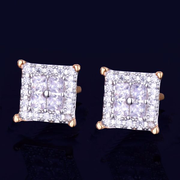 

new gold star hip hop jewelry 12mm square zircon stud earring for men women's ice out cz stone rock street three colors, Golden;silver