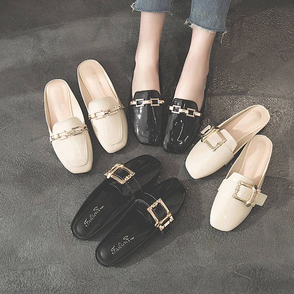 

slippers women 2020 spring square head leather buckle flat slippers slides shoes woman outdoor flip flops half mules, Black