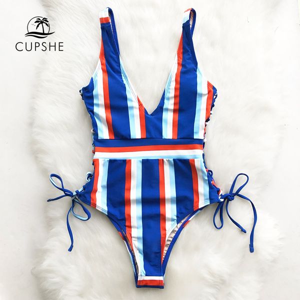 

cupshe lace up striped one-piece swimsuit women slim v-neck bodysuit swimwear 2018 new girl beach bathing suit monokinis