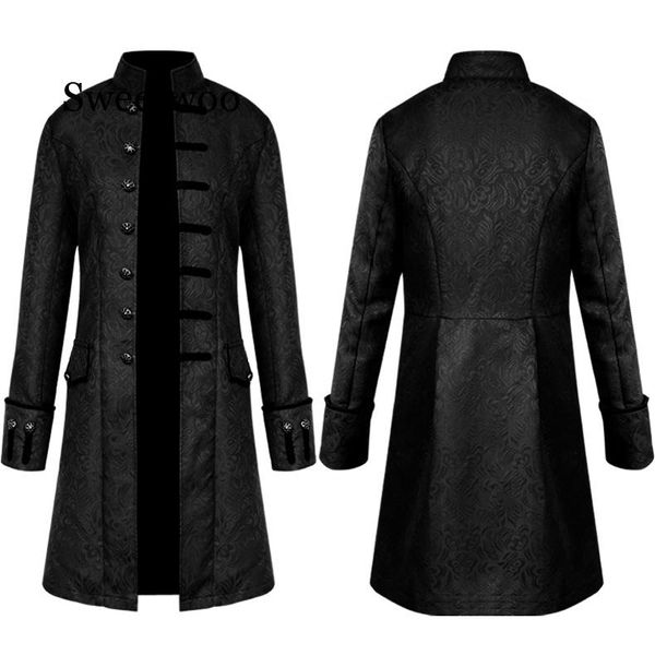 

steampunk jacket medieval costume trench coat men long sleeve gothic brocade jacket frock coat vintage stand collar men's, Tan;black