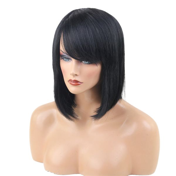 

natural straight black side bangs short 100% human hair wigs with cap for women 12" natural looking, youthful and fashionable
