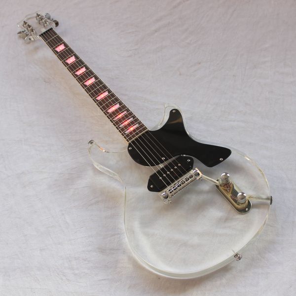 Kostenloser Versand/E-Gitarre mit roten LEDs aus Acryl/22 F/E-Gitarre aus transparentem weißem Plexiglas/6-saitige Gitarre/Option mit mehreren LEDs