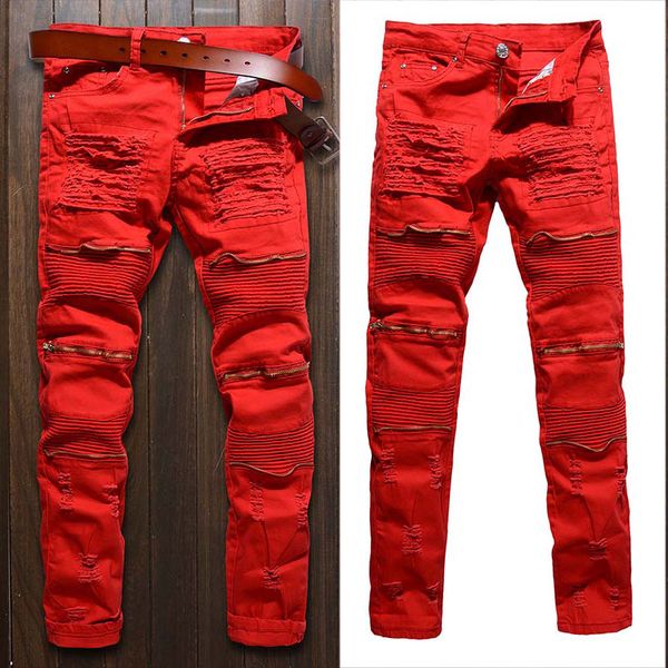 

men skinny distressed jeans slim denim casual knee hole hiphop pants biker washed middle waist high quality, Blue