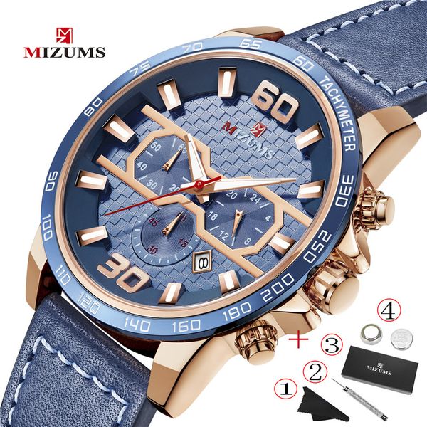 

mizums fashion men watch blue leather strap wristwatch multifunction chronograph rose gold quartz mens watches waterproof clock, Slivery;brown