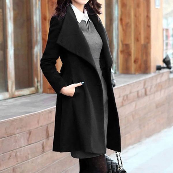 

2019 winter coat womens winter lapel wool coat trench jacket long sleeve overcoat outwear oversize long gray trench mujer, Black
