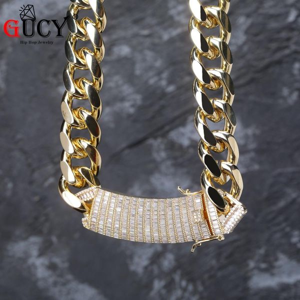 

gucy 18mm long lock clasp baguette zircon prong setting cuban necklace iced out cubic zirconia chain hip hop rock jewelry, Silver