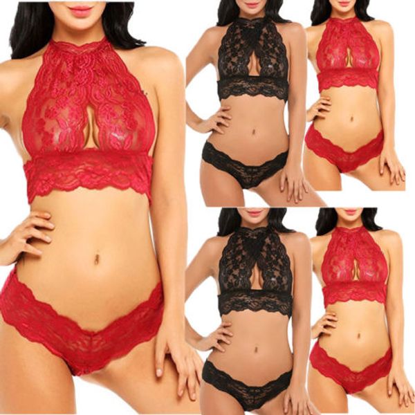 

2019 lingerie 2pcs women halter bra lace waist underwear lingerie knickers babydoll thongs g-string panties briefs, Black;white