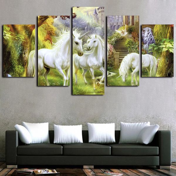 

5 piece giclee canvas prints wall art animal scenery unicorn castle pictures poster paintings for living room bedroom home decor