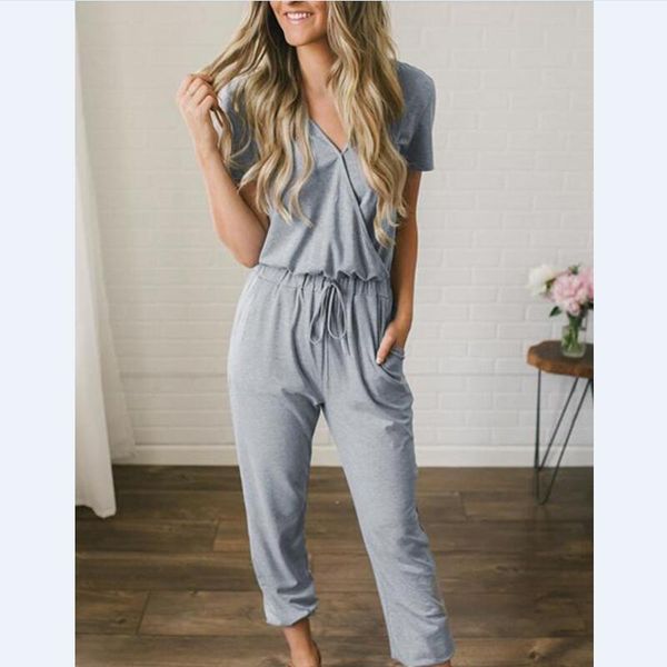 

2019 spring and summer women casual pocket jumpsuit short sleeve fashion new solid bodysuits lace up women rompers v-neck, Black;white