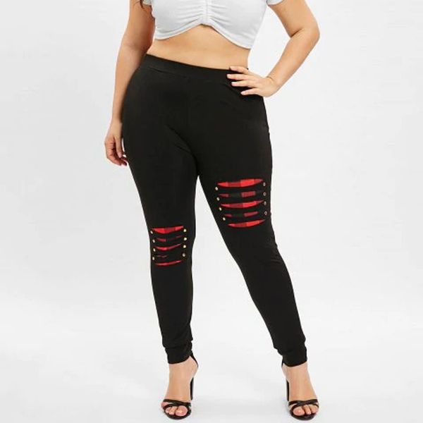 

women plus size leggings beading ripped plaid sports pencil pants joggers fitness high waist leggings ladies trousers sweatpants, Black
