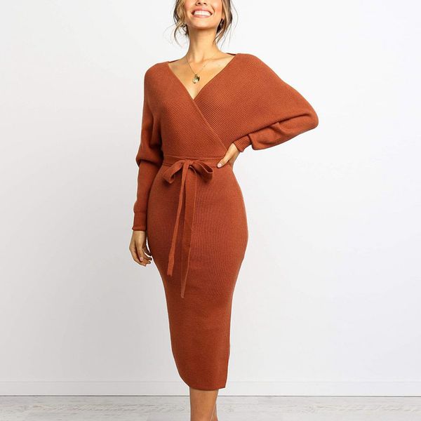 

women's knit long dress autumn winter v-neck lace long-sleeved backless women's casual loose korean pullovers sweater new, Black;gray