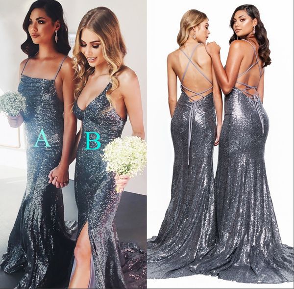 

stunning silver bridesmaid dresses 2 styles spaghetti split crisscross backless maid of honor dresses sequined girls prom party dress bm0941, White;pink