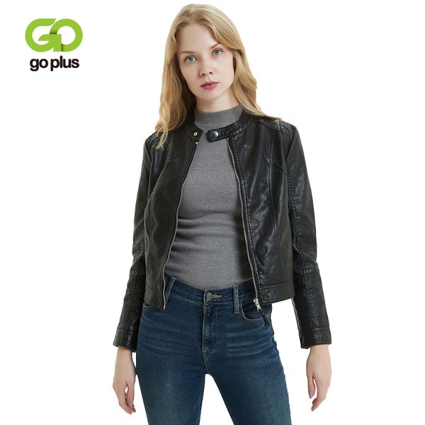 

women's leather & faux goplus moto biker zipper jacket o-neck slim black coat jackets women veste cuir kurtka ramoneska