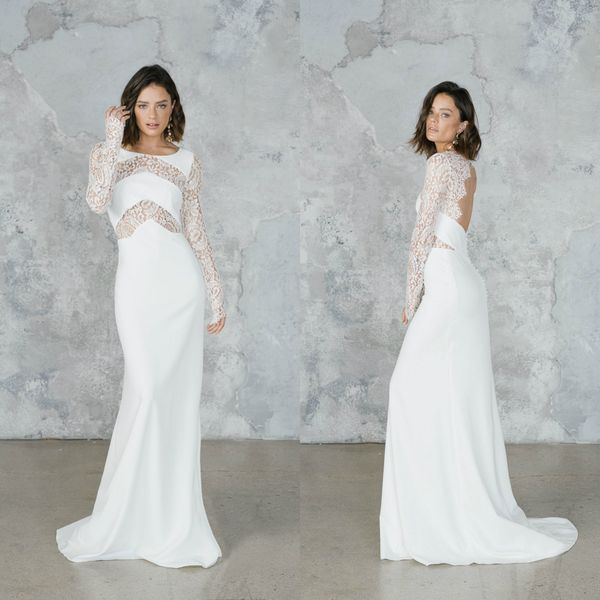 

satin elegant wedding dresses jewel neck lace appliques backless sweep train mermaid wedding dress long sleeve bridal gowns robes de mariÃ©e, White