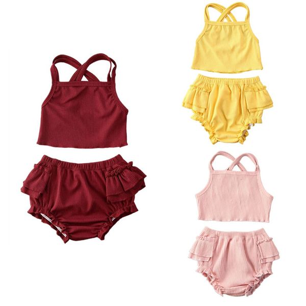 

2020 new summer cute baby clothes set girls outfits toddler infant fashion casual solid backless vest+pleated shorts 2pcs suit, White